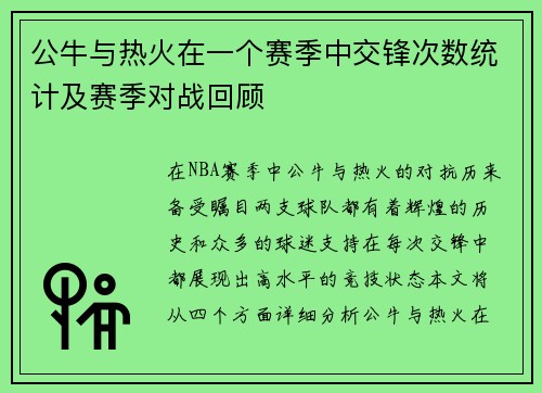 公牛与热火在一个赛季中交锋次数统计及赛季对战回顾